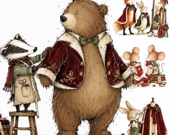 Christmas Woodland Tailors Clipart, Cute Sewing Animals, Whimsical Holiday Workshop, 18 PNG