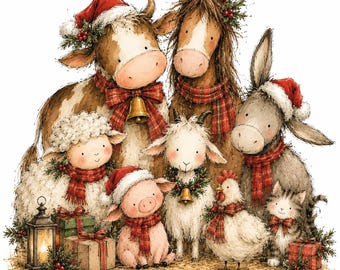 Christmas Barn Animals Clipart, Cute Farm Animals, Rustic Holiday Illustrations, 19 PNG