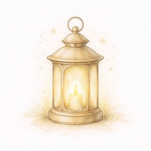 Puede incluir: Ilustraci&oacute;n en acuarela de una linterna vintage con una vela encendida en su interior. La linterna es de color beige c&aacute;lido con una parte superior redondeada y paneles de vidrio arqueados. La llama de la vela brilla intensamente.