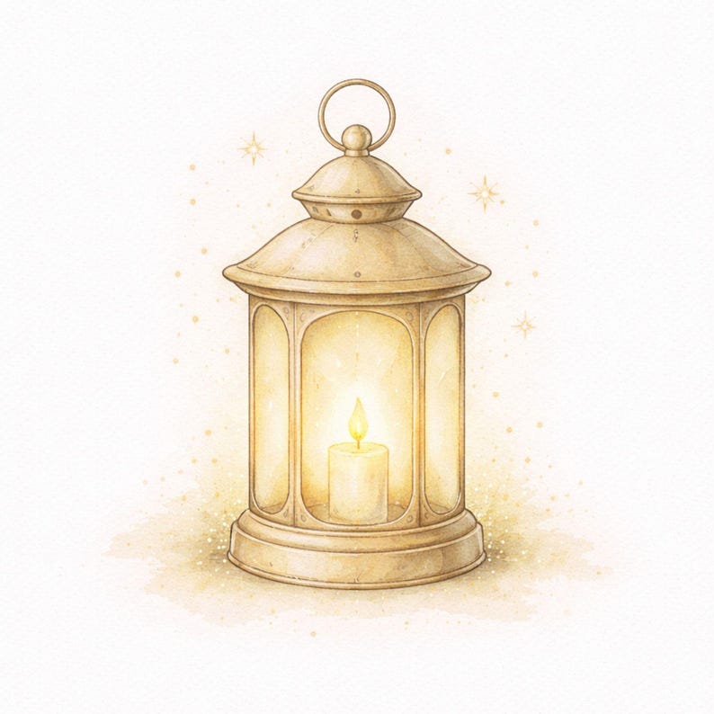 Puede incluir: Ilustraci&oacute;n en acuarela de una linterna vintage con una vela encendida en su interior. La linterna es de color beige c&aacute;lido con una parte superior redondeada y paneles de vidrio arqueados. La llama de la vela brilla intensamente.