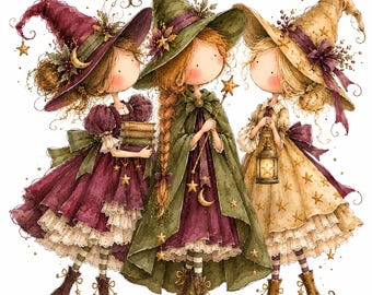 Witch Girl Clipart Bundle: Plum Moss Green Antique Gold Halloween, 16 PNG