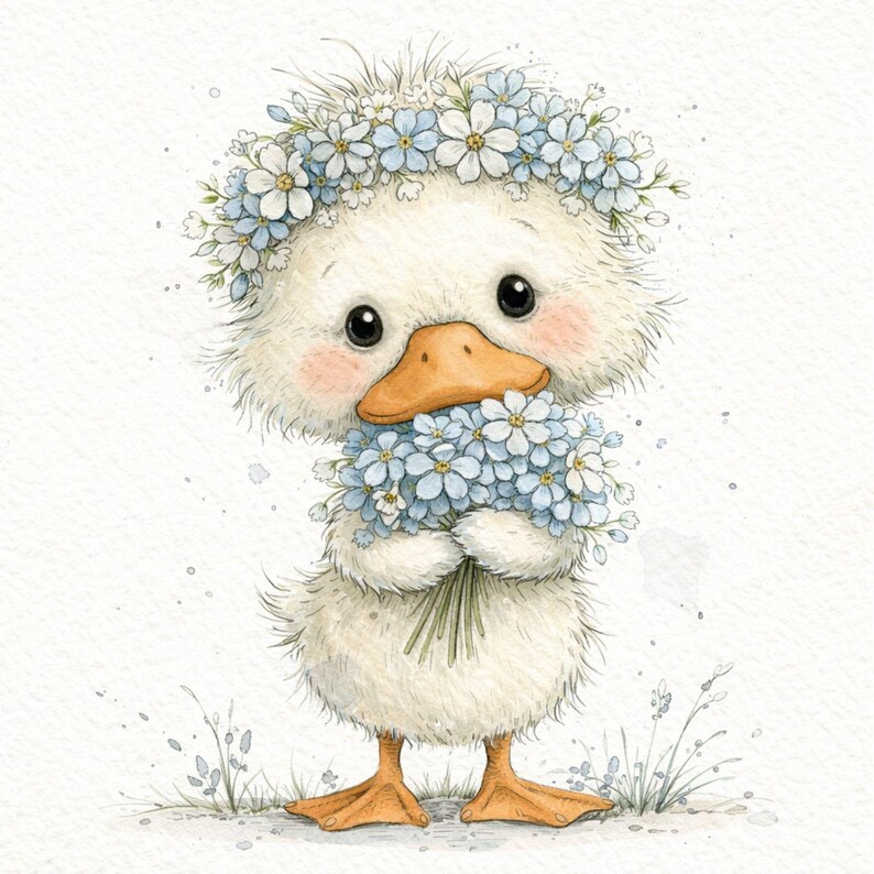 Cute Duck Clipart Bundle, Whimsical Duckling Clipart Set, Watercolor Baby Duck Illustration, Floral Duck Clipart, 25 PNG image 6