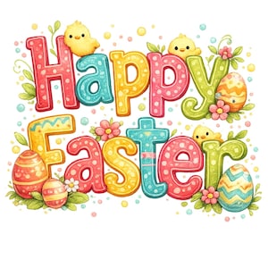 Può includere: Un'illustrazione colorata con le parole "Buona Pasqua" in grandi lettere puntinate. Le lettere sono in tonalità di rosso, giallo, blu e verde, con piccoli pulcini e uova di Pasqua decorate. Foglie verdi e fiori circondano il testo.