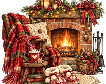 May include: A cozy scene featuring a wooden chair draped in a red plaid blanket, a small stool with a mug of hot cocoa, a stack of books, and fuzzy red and white patterned slippers on a round rug in front of a brick fireplace.