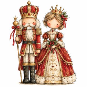 May include: A nutcracker figure in a red and gold uniform with a tall crown and staff standing beside a queen figure in a red and gold gown with a crown, both featuring intricate details, holly accents, and a festive colour palette.