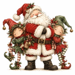 Peut inclure: Un personnage central de Père Noël avec une barbe blanche, un manteau rouge et des bottes noires, flanqué de deux lutins vêtus de tenues vertes et rouges avec des chapeaux pointus, des grelots et des bas rayés, souriant sur fond blanc.