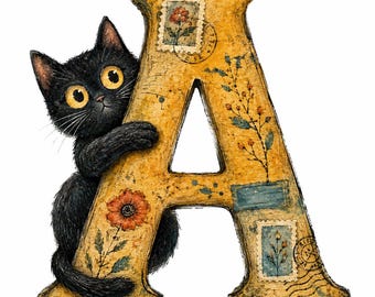 May include: A charming illustration depicts a black cat beside a yellow letter "A." The letter is decorated with floral motifs and postage stamps. The cat has large yellow eyes and is embracing the letter.