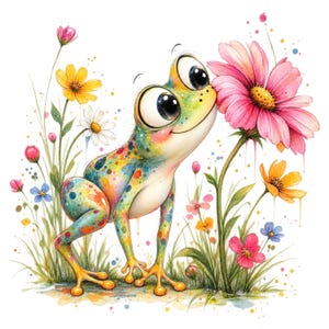 Puede incluir: Una rana colorida y moteada con ojos grandes y expresivos se encuentra entre una variedad de flores silvestres vibrantes, incluyendo una flor rosa grande, flores amarillas y pétalos azules, todo en una ilustración estilo acuarela.