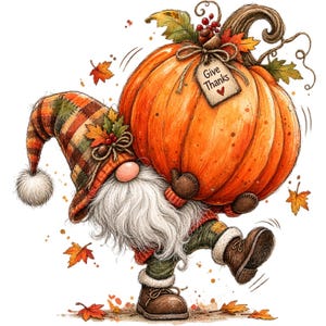 May include: A gnome wearing a plaid hat with a white pom-pom and brown boots carries a large orange pumpkin. The pumpkin features a tag that reads Give Thanks with a small red heart. The scene is decorated with scattered orange and yellow autumn leaves.