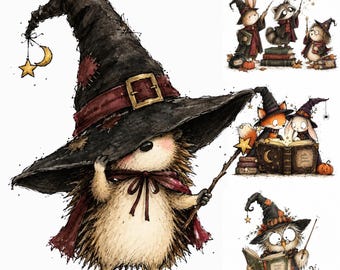Halloween Woodland School Clipart, Cute Witch Animals, Spooky Classroom Illustrations, 16 PNG