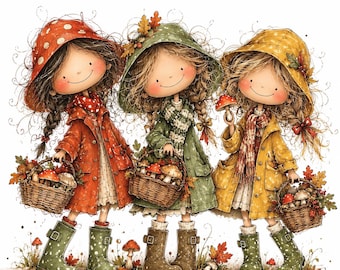 Autumn Children Clipart Bundle: Watercolor Mushroom Foraging, 18 PNG
