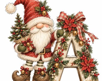 May include: A gnome wearing a red hat and coat with white trim stands beside a large letter A. The gnome holds a small pine tree. The letter A is decorated with red poinsettias, green pine branches, red berries, pinecones, and a plaid bow.