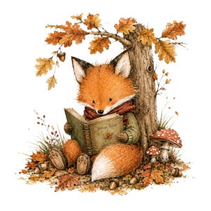Peut inclure: Une illustration à l'aquarelle d'un renard roux touffu portant une écharpe rouge et un pull vert, assis sous un chêne en lisant un livre intitulé Forest Tales. La scène comprend des feuilles d'automne, des glands et deux champignons rouges.