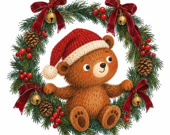 May include: A brown teddy bear wearing a red knit Santa hat sits inside a circular Christmas wreath made of green pine branches, decorated with red bows, gold jingle bells, pinecones, and clusters of small red berries.