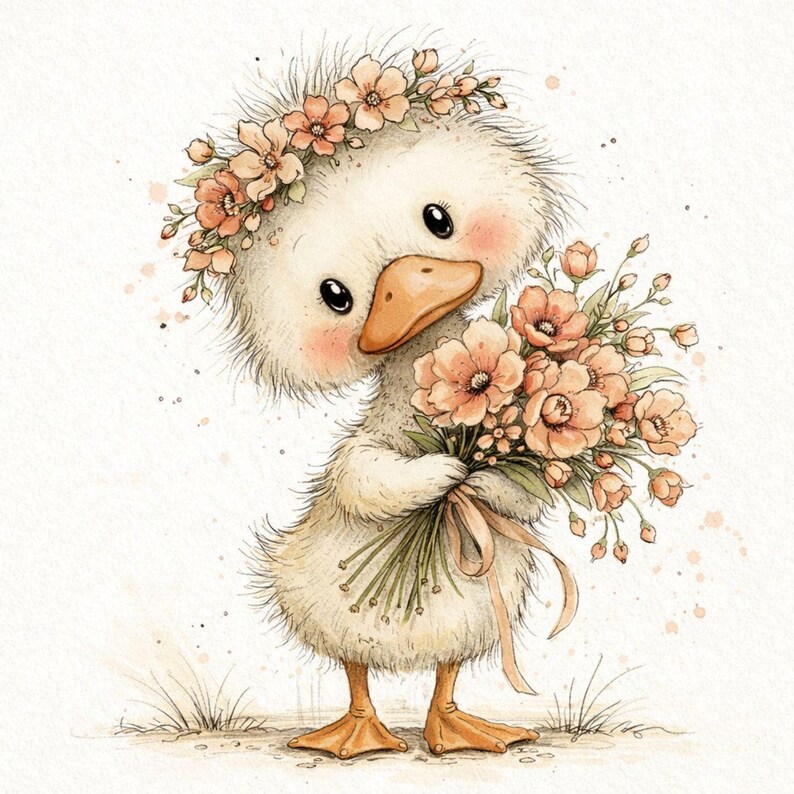 Cute Duck Clipart Bundle, Whimsical Duckling Clipart Set, Watercolor Baby Duck Illustration, Floral Duck Clipart, 25 PNG image 7