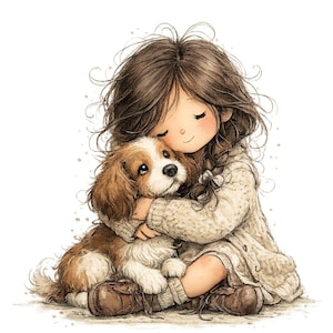 Puede incluir: Ilustración de una niña con cabello castaño largo, abrazando a un cachorro marrón y blanco. La niña lleva un suéter color crema y zapatos marrones. El cachorro tiene orejas caídas y una expresión dulce. El fondo es blanco con salpicaduras sutiles de acuarela.