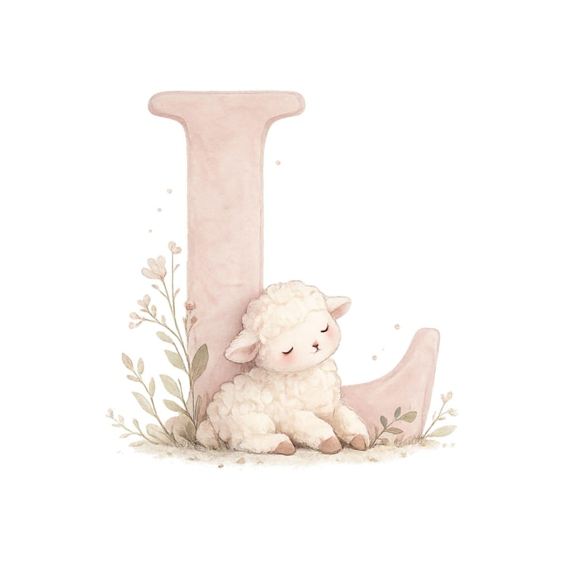 May include: A watercolour illustration featuring a lamb resting against a pink letter 'L'. The lamb has fluffy white wool and closed eyes. Delicate floral accents and foliage surround the letter and lamb, creating a soft, whimsical design.