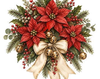 Festive Christmas Clipart Bundle: Poinsettia Christmas Arrangements Clipart, Holiday Floral Bouquets, Festive Botanical Collection, 15 PNG