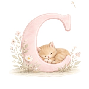 May include: A large, pale pink letter C featuring a watercolor illustration of a small, sleeping ginger kitten curled up inside the curve. The letter is surrounded by delicate, light-colored wildflowers and green leaves on a white background.