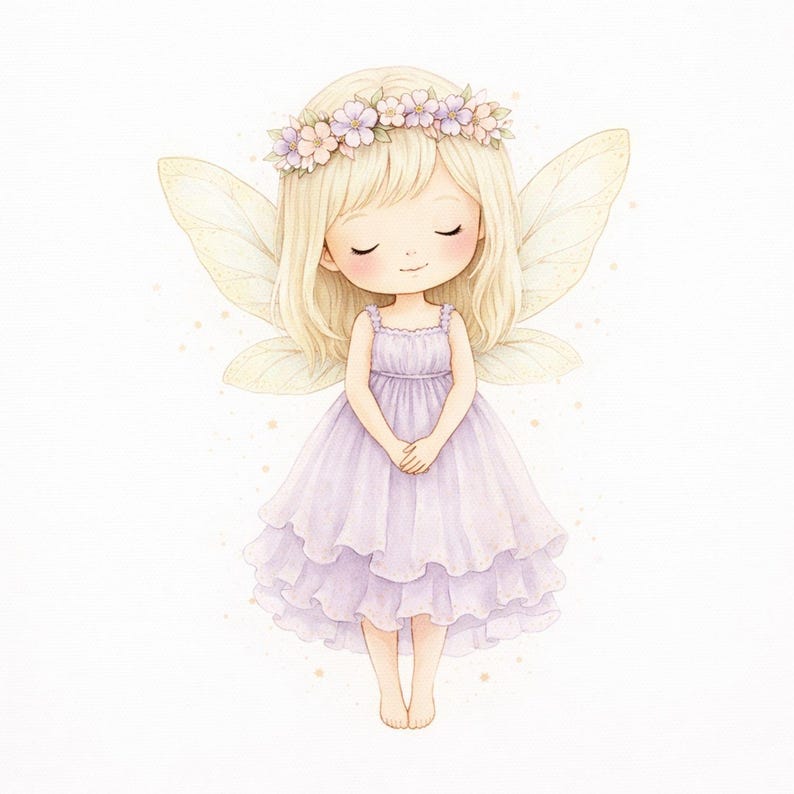 Puede incluir: Una ilustraci&oacute;n en acuarela de un hada con cabello rubio, vistiendo un vestido lavanda con volantes y una corona de flores. El hada tiene alas transl&uacute;cidas, ojos cerrados y una expresi&oacute;n suave, sobre un fondo blanco liso.