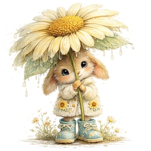 Puede incluir: Ilustración caprichosa de un conejito resguardándose bajo un gran paraguas de margarita. El conejito lleva un abrigo color crema con detalles de girasoles y botas azules. La margarita tiene pétalos amarillos y blancos, con gotas de agua.