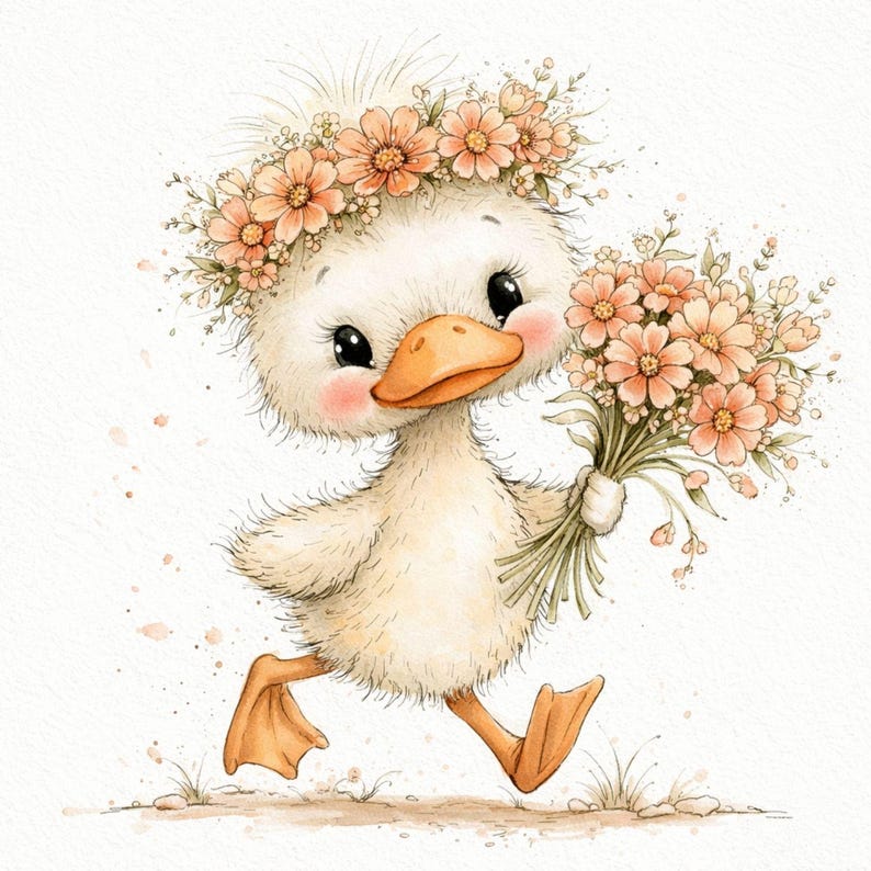 Cute Duck Clipart Bundle, Whimsical Duckling Clipart Set, Watercolor Baby Duck Illustration, Floral Duck Clipart, 25 PNG image 9