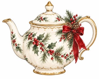 May include: A cream-colored ceramic teapot featuring a painted design of green pine branches, red holly berries, and brown pinecones. The teapot is accented with a red ribbon bow near the handle and gold trim along the lid, spout, and base.