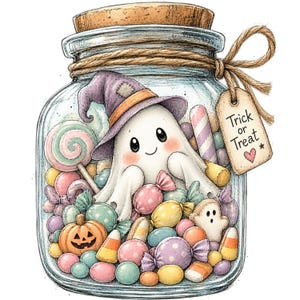 Puede incluir: Un frasco de vidrio transparente con tapón de corcho lleno de dulces coloridos, incluyendo una golosina con forma de calabaza, una piruleta y un pequeño fantasma con un sombrero de bruja morado. Una etiqueta beige lleva el texto Trick or Treat.