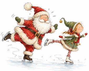 May include: A watercolor illustration of Santa Claus in a red suit with white fur trim and a brown belt ice skating alongside an elf wearing a green dress, a matching hat with a bell, and red and white striped leggings on ice skates.