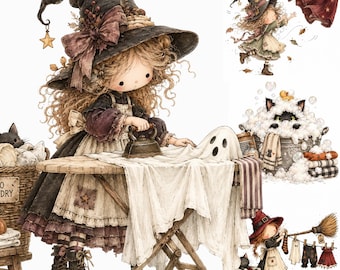 Halloween Witch Laundry Day Clipart, Funny Witches and Spooky Clothes, Whimsical Magic Wash, 17 PNG