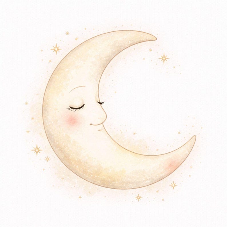 Puede incluir: Ilustraci&oacute;n de una luna creciente sonriente, con los ojos cerrados y mejillas rosadas. La luna es de color amarillo p&aacute;lido, rodeada de peque&ntilde;as estrellas doradas sobre un fondo blanco. La obra tiene una cualidad suave y so&ntilde;adora.