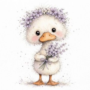 May include: A charming illustration of a fluffy white duckling with a lavender flower crown and a bouquet of lavender flowers tied with a purple ribbon. The duckling has a peach-colored beak and rosy cheeks, set against a white background.