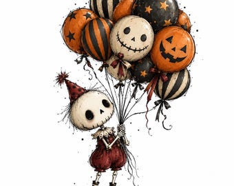 May include: A skeleton figure wearing a red polka-dot party hat, a ruffled collar, and red shorts, holding a large bunch of balloons. The balloons feature orange, black, and white colors with star patterns, stripes, and two jack-o'-lantern faces.