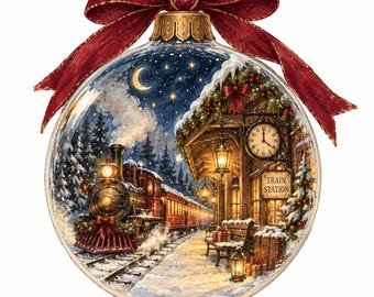 Christmas Night Ornament Scenes Clipart Bundle: Watercolor Winter Night Holiday Ornaments, 12 PNG