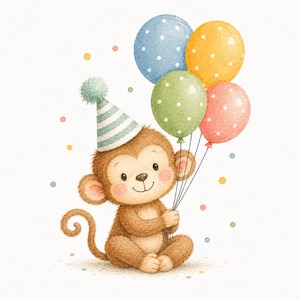 May include: A watercolor illustration of a cute brown monkey wearing a party hat and holding four colorful balloons. The balloons are blue, yellow, green, and pink with white polka dots. The monkey is sitting down and smiling.