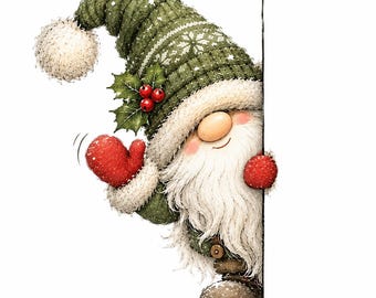 May include: A gnome illustration wearing a green knit hat with a white pom-pom, a white snowflake pattern, and a holly sprig with red berries. The gnome has a long white beard, a round nose, and red mittens, waving from behind a vertical edge.