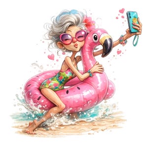 Puede incluir: Ilustración de dibujos animados de una persona con gafas de sol y un traje de baño floral, montada en un flotador de piscina de flamenco rosa. La persona se hace un selfie con un teléfono turquesa. El fondo muestra agua y arena.