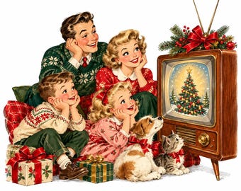 May include: A family of four, a dog, and a cat watch a vintage television displaying a Christmas tree. The family wears festive sweaters and dresses. Wrapped gifts with red bows sit on the floor near the television, which is topped with pine branches and a red bow.