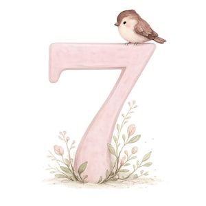 May include: A large, pale pink number seven illustration featuring a small, brown-feathered bird perched on the top horizontal bar and delicate green and pink botanical sprigs growing from the base of the number against a white background.