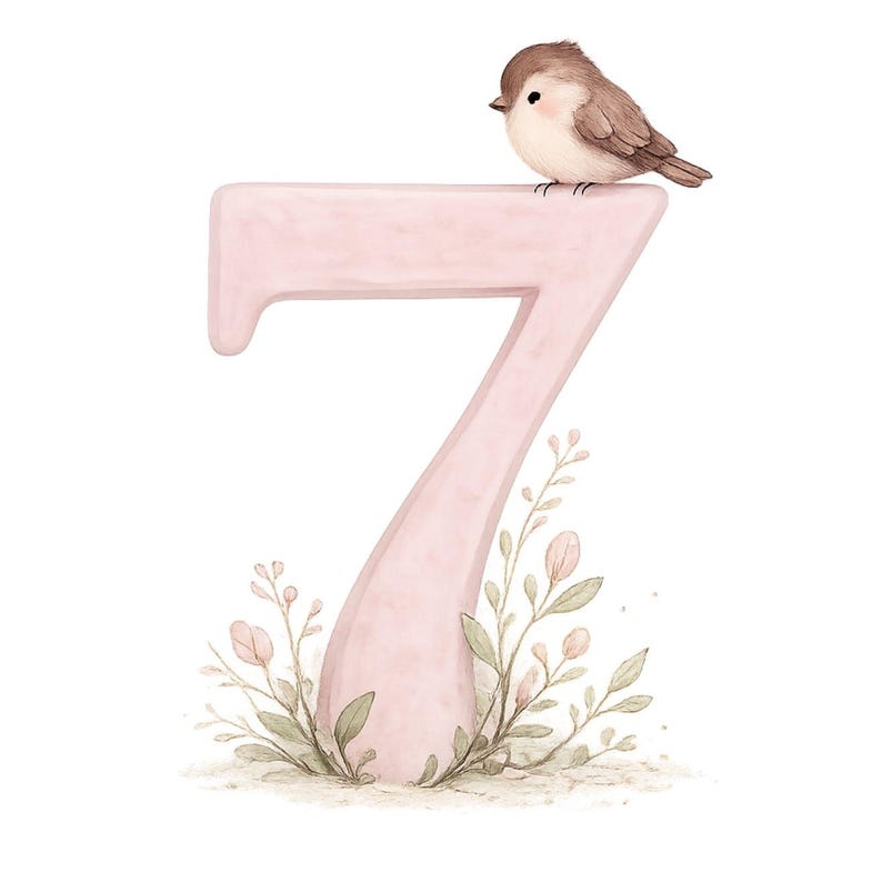 May include: A large, pale pink number seven illustration featuring a small, brown-feathered bird perched on the top horizontal bar and delicate green and pink botanical sprigs growing from the base of the number against a white background.