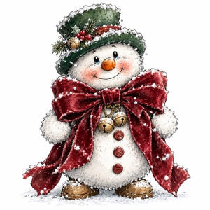 Puede incluir: Un muñeco de nieve redondo con cuerpo blanco texturizado, que lleva un sombrero de copa verde oscuro adornado con bayas de acebo y una campana dorada. Un gran lazo de terciopelo rojo intenso está atado al cuello con dos campanas doradas. Tres botones rojos y botas marrones.