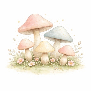 Puede incluir: Ilustraci&oacute;n en acuarela de un grupo de setas en colores pastel. Las setas tienen sombreros rosas, azules y amarillos con tallos blancos. Peque&ntilde;as flores rosas y follaje verde rodean las setas, creando una escena caprichosa.