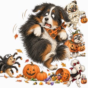 Op de afbeelding: Een grillige illustratie van een geschrokken Berner Sennenhond met een oranje pompoenbandana, omringd door een mummie-mopshond, een schnauzer in een pompoenkostuum, een spinnenhond en een poedel-vampier met Halloween-snoepjes.