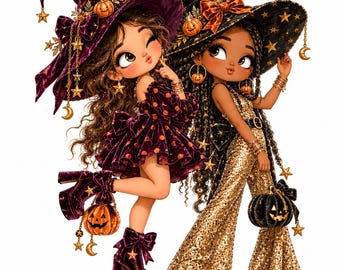 May include: Two stylized figures wearing witch hats adorned with stars, moons, and pumpkins. One wears a purple velvet dress with pumpkin patterns and platform heels, while the other wears a gold sequined jumpsuit and black hat.