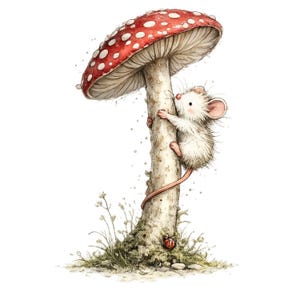 Peut inclure: Illustration &agrave; l'aquarelle d'une souris blanche grimpant sur un grand champignon. Le champignon a un chapeau rouge &agrave; pois blancs. La souris a une longue queue rose et s'accroche &agrave; la tige. De l'herbe verte et une coccinelle sont &agrave; la base.