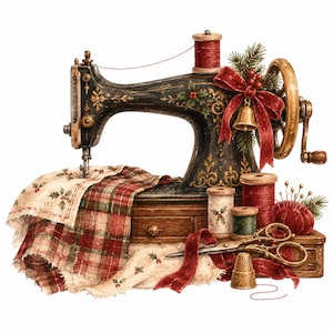 Puede incluir: Una máquina de coser negra vintage con filigrana dorada, adornada con una cinta roja, una campana dorada y ramas de pino. Se sitúa junto a tela de cuadros, carretes de hilo, un alfiletero rojo, tijeras doradas y un dedal sobre una base.