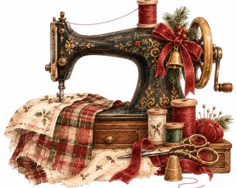 Christmas Sewing Clipart Bundle: Watercolor Holiday Craft Basket, 14 PNG
