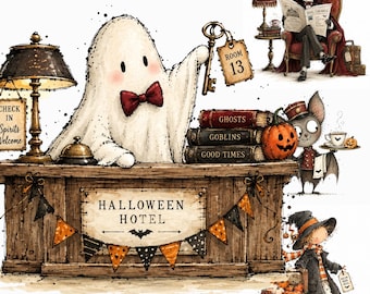 Halloween Ghost Hotel Clipart, Funny Haunted Hotel Characters, Vintage Spooky Illustrations, 17 PNG