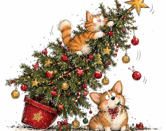 May include: A cartoon illustration of a ginger cat climbing a tipped-over green Christmas tree decorated with red and gold ornaments, stars, and candy canes. A corgi with a red plaid bow tie sits below, holding a pine branch in its mouth.