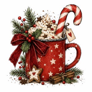 Peut inclure: Un mug rouge décoré d'étoiles blanches, rempli de crème fouettée saupoudrée d'étoiles. Il est orné d'un sucre d'orge, d'un nœud rouge, de houx, de baies rouges, d'un biscuit en forme d'étoile et de bâtons de cannelle liés par une ficelle.
